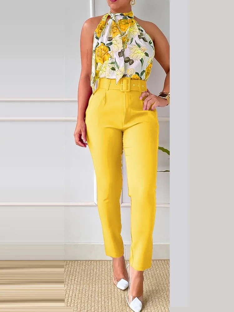 Ensemble Deux Pièces pour Femme, Pantalon Long d'Été, Imprimé Floral, Halter, Haut en Fibre Précieuse avec Ceinture, Tenue Féminine à Col Rond