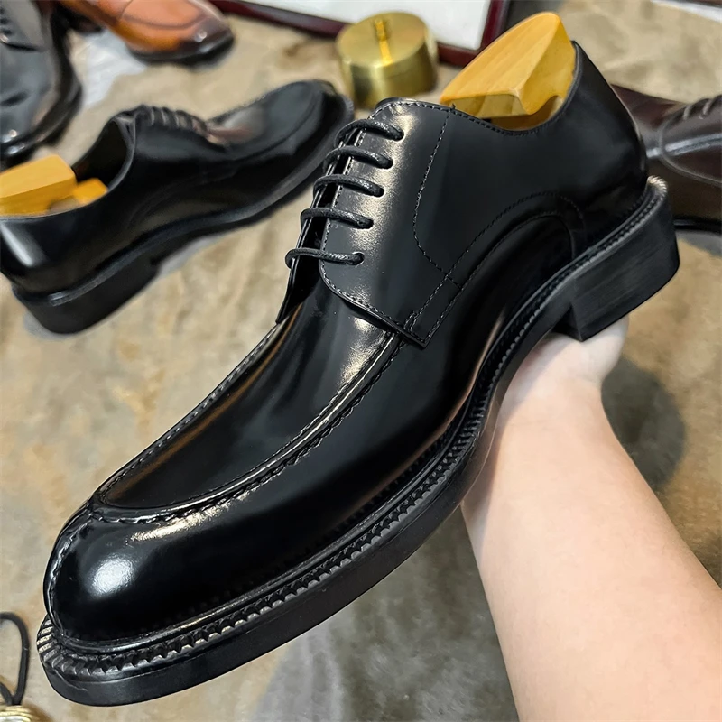 

New British Business Derby Dress Shoes Men Fashion Lace Up Office Party Wedding Formal Genuine Leather Oxfords Shoes Male