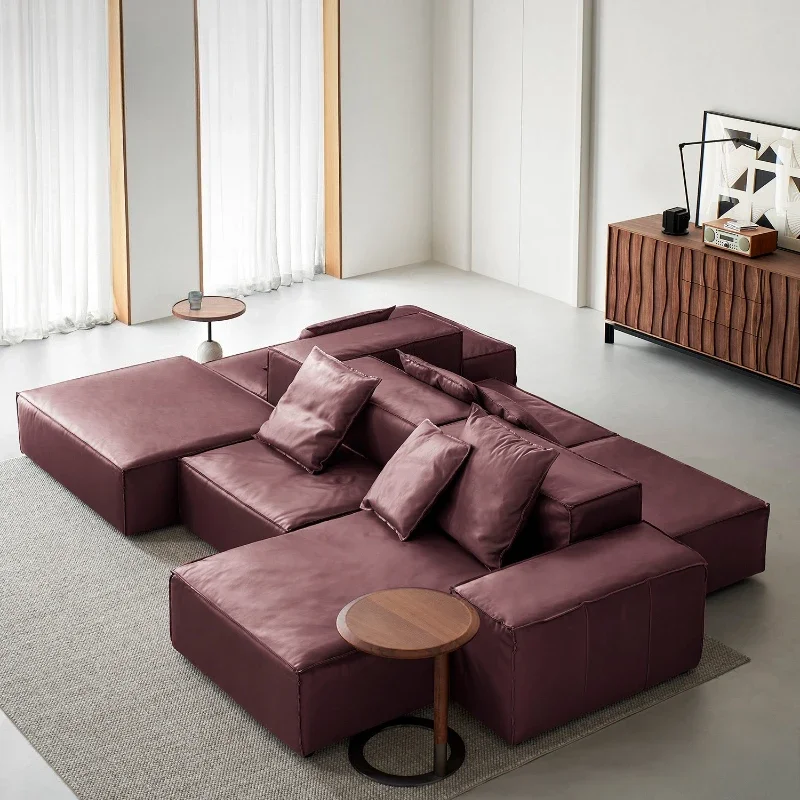 Leather sofa tofu block modern living room module combination Italian minimalist large apartment