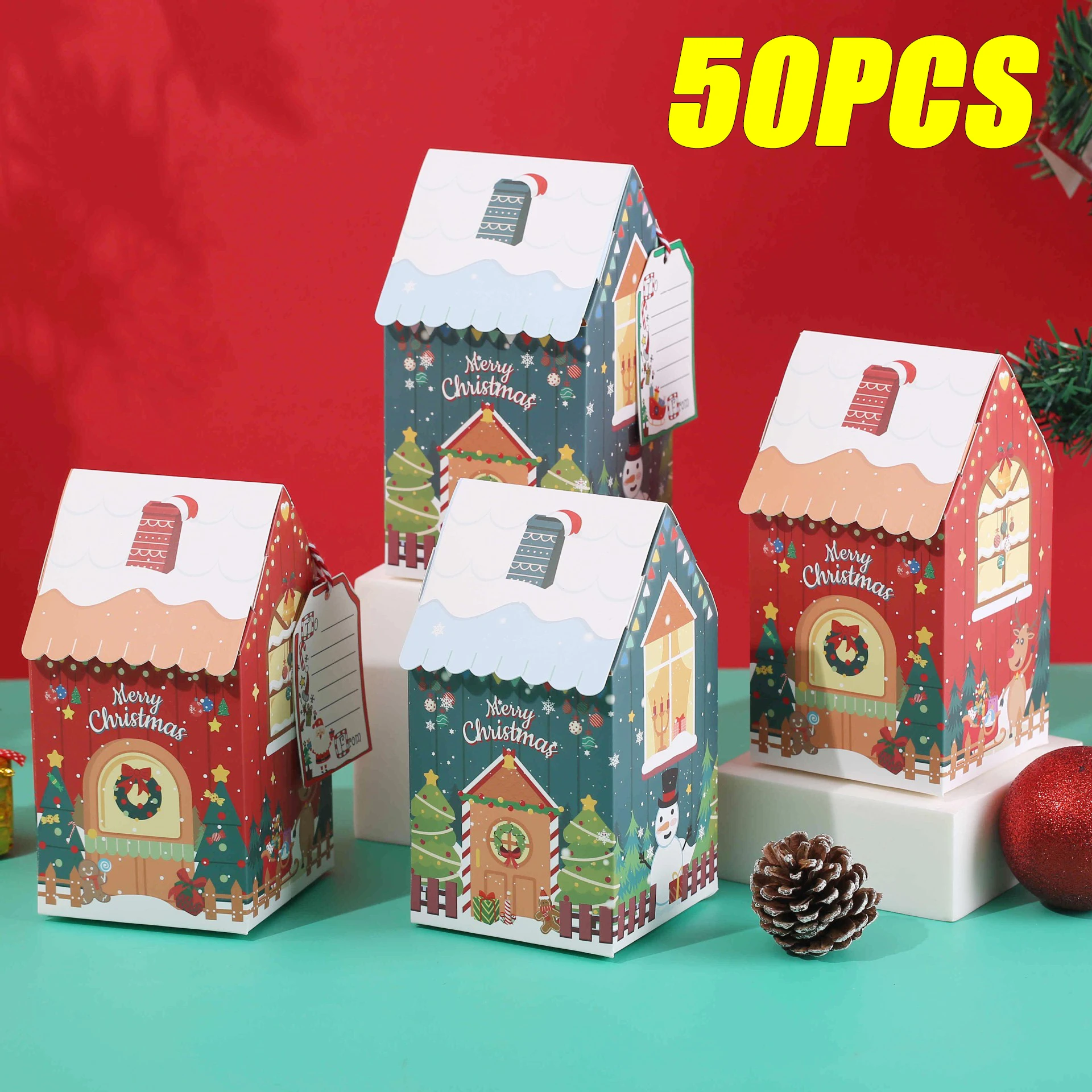 50PCS Christmas Snowman Gingerbread House Little House Candy Biscuit Boxes Bow Boxes Gift Colour Boxes Christmas Decorations