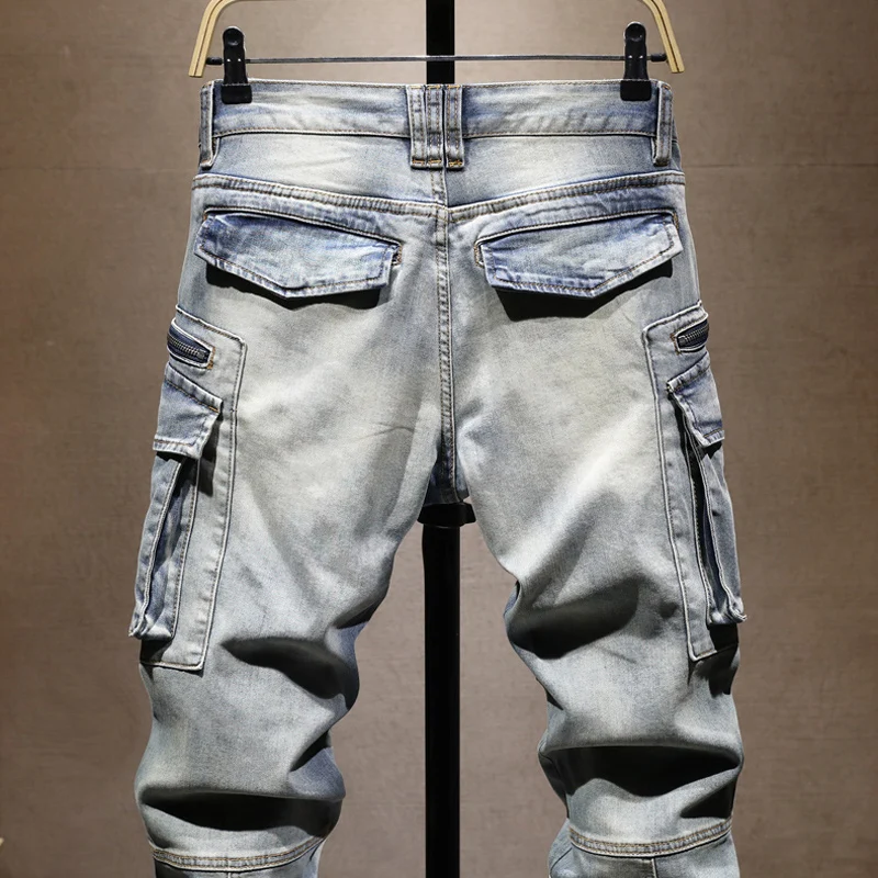 Street Designer Fashion Men Jeans Retro Washed Blue Stretch Slim Fit Multi Pockets Denim Cargo Pants Hombre Hip Hop Biker Jeans