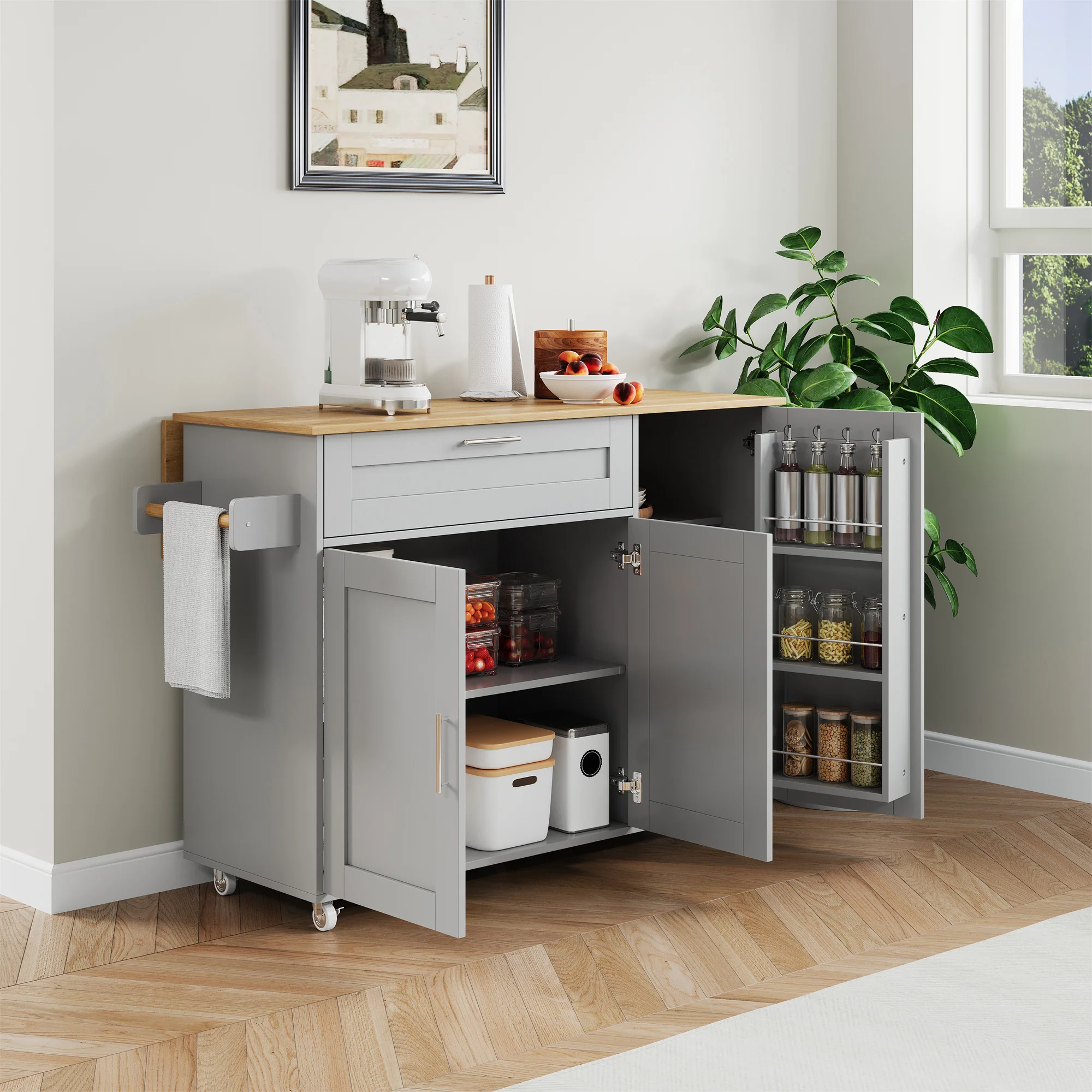 Buffet table de cuisine, assiette de travail en chêne avec beaucoup d'espace de rangement, armoire avec 3 portes et 1 tiroir