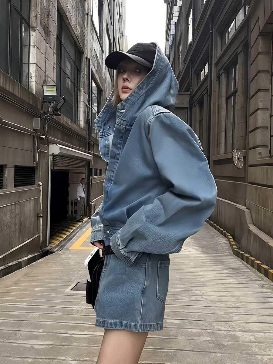 

Blue High-Waist Denim Overalls Women's Design Sensation Slim-Fit Hooded Jumpsuit American Retro Sle Commute Cotton Fabric