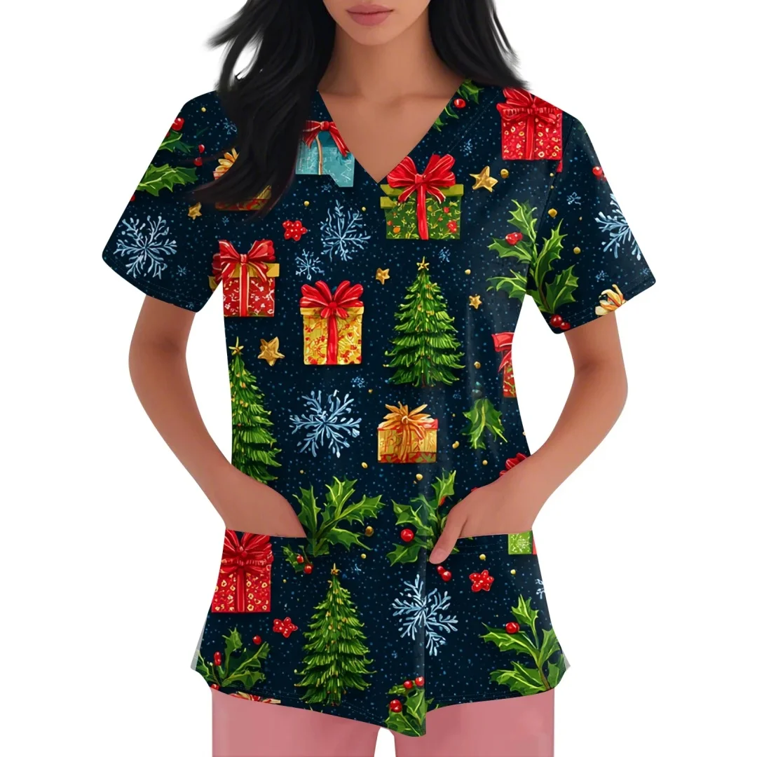 Roupas casuais femininas natal esfrega topo bonito boneco de neve árvore de natal impressão manga curta com decote em v uniformes médicos da enfermeira