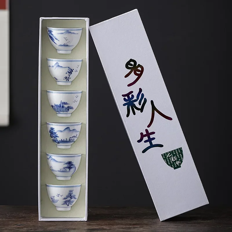 6db Kék szín majd Fehérítőszer Agyagművesség kung fu Tea Szegélykő állítsa Porcelán Délutáni Teáscsésze Eszpresszó cups Japán nyelv Agyagművesség Tea tál Kávé Átvágás