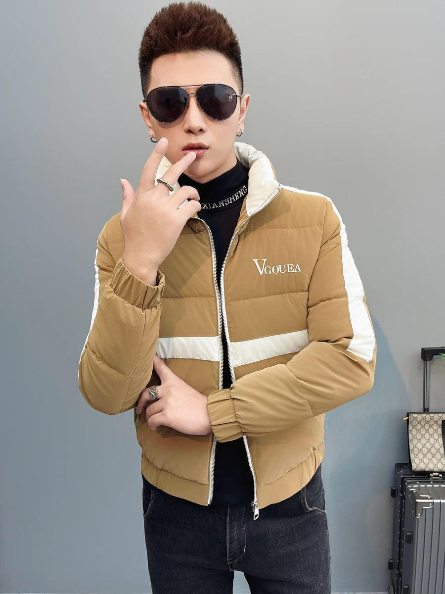 

Зимняя мужская пуховая куртка 2024 в корейском стиле, приталенная, с воротником, цветными блоками, повседневная, теплая, на молнии, укороченная