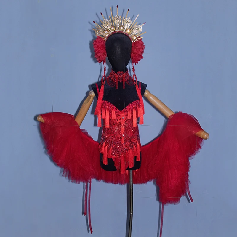 Gogo Danser Outfits Vrouwen Slepen Kleding Rode Glitter Prestaties Outfit Chinese Stijl Show Kleding Party Rave Wear VDL4946