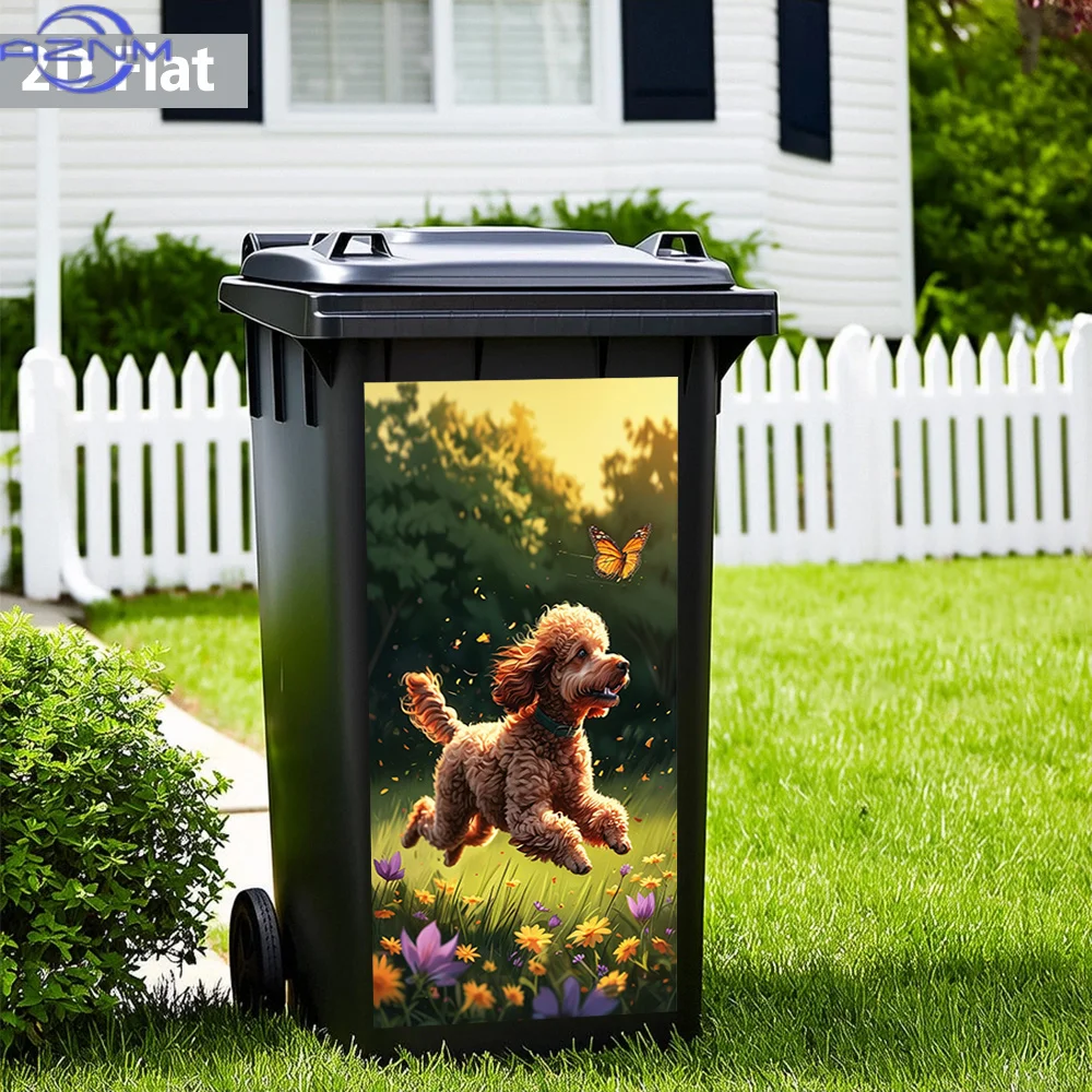 2D1pc Curly Poodle Chasing Butterfly in Flower Field  Trash Bin Sticker - Self-Adhesive Waterproof Removable Decor for Home Wa