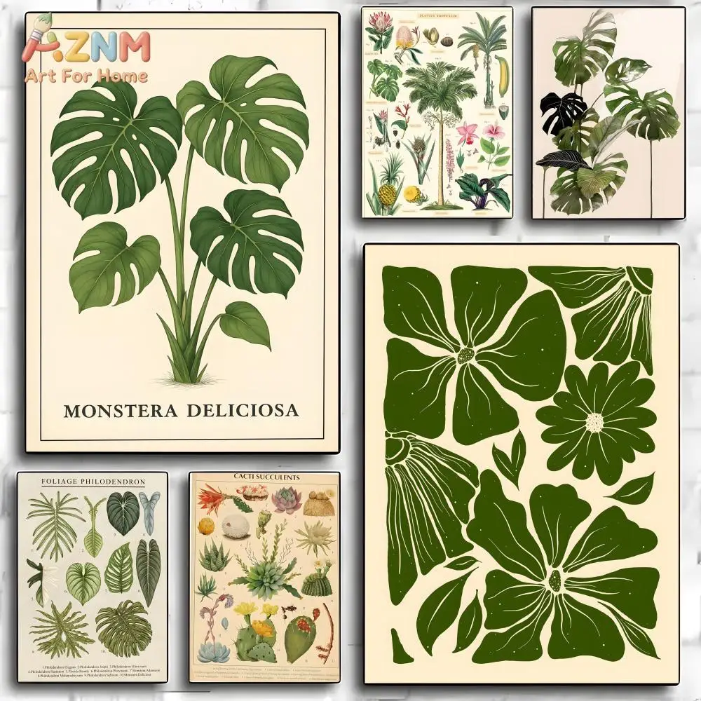 AZNM Vintage Botanical Canvas Wall Art Monstera Tropical Plant Succulent Retro Green Leaf Art Print Boho Home Decor Poster