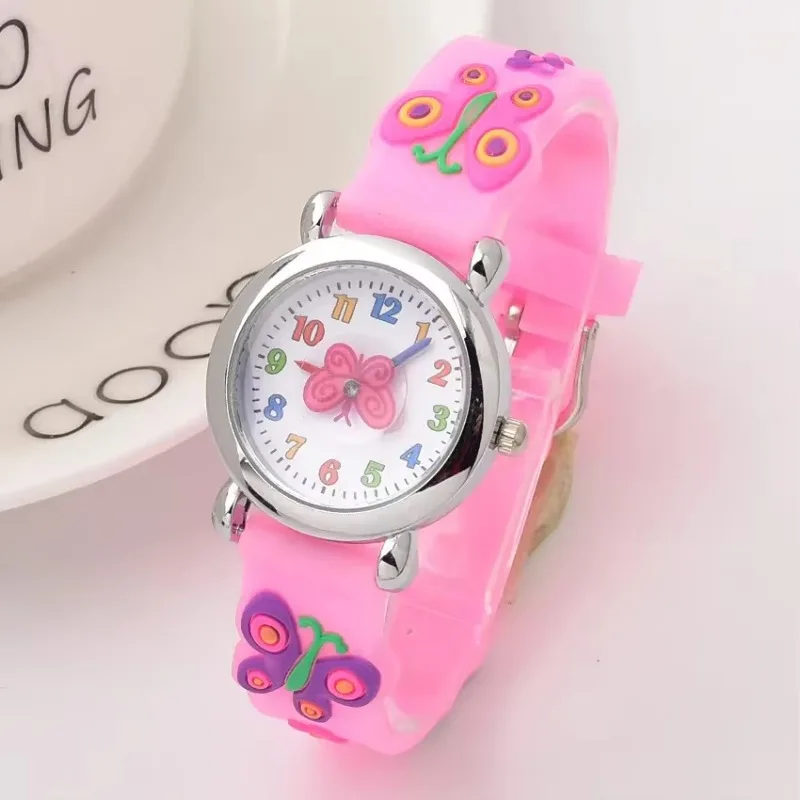 New Design Watch for Kids 3D Cartoon Butterfly Rubber Quartz Wristwatch Student Girls Colourful Cute Watches Boys Gift Clock