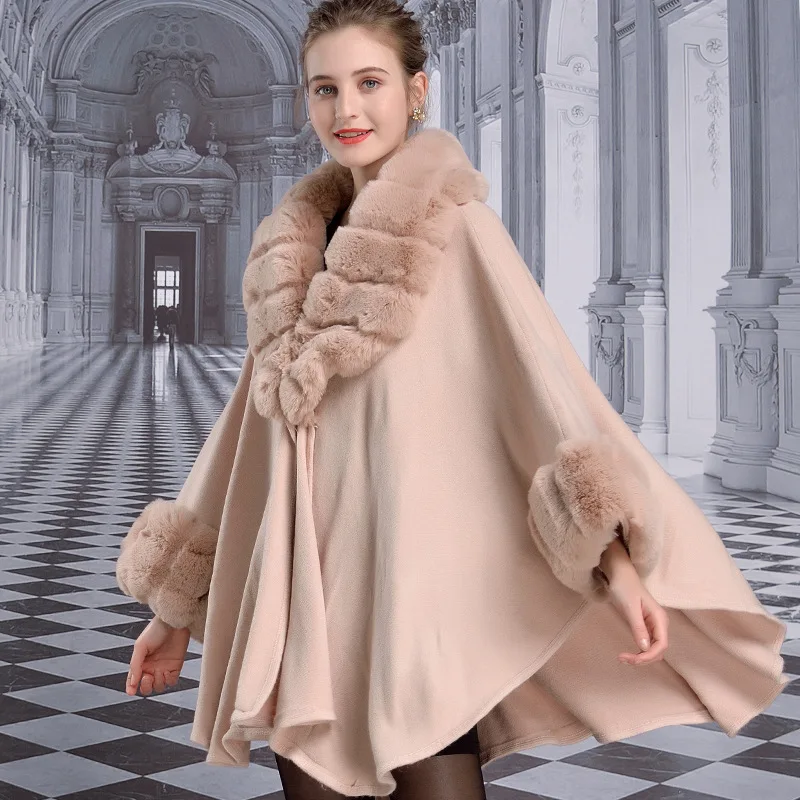 2023 Women Party Overcoat Cloak Winter Imitation Rabbit Fur Big Striped Collar Knitted Cardigan Cape Cashmere Long Sleeve Poncho