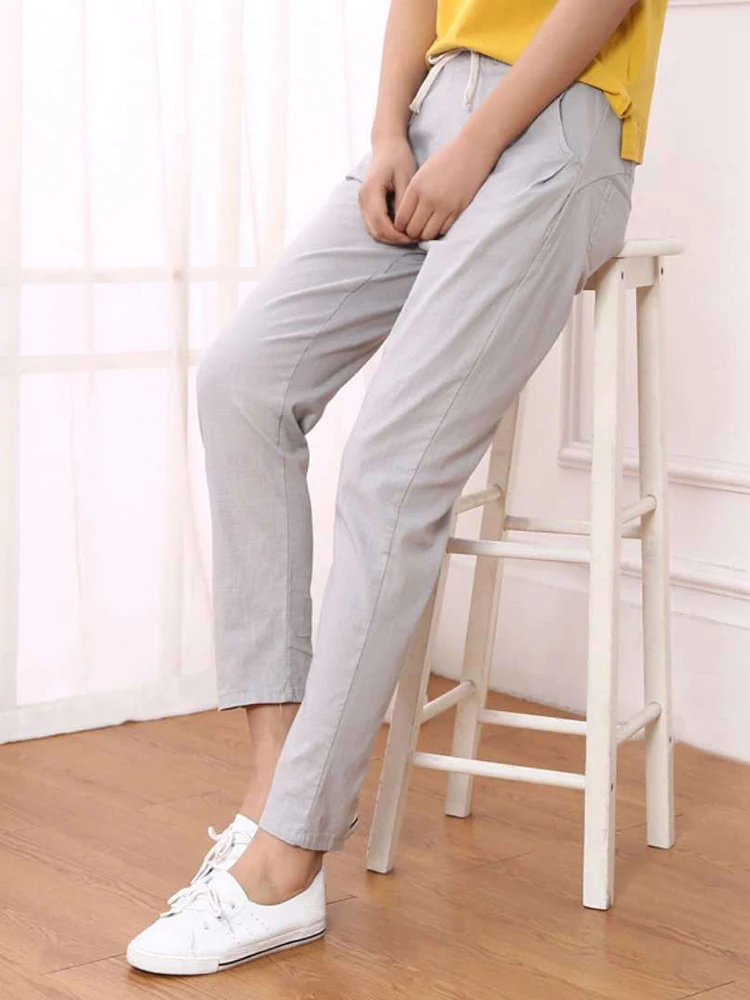 JMPRS 100% Cotton Linen Women Pants Summer Drawstring Ankle-Length Pants Elastic Waist Thin Solid Korean Fashion Ladies Trousers