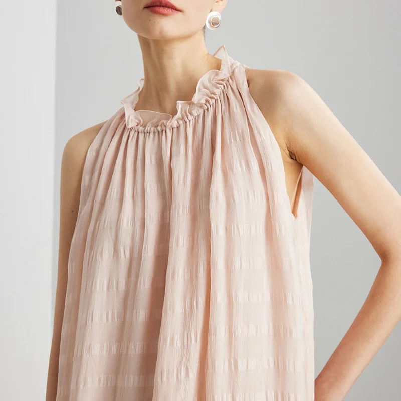 Birdtree,100%  Silk Solid Dress,Double Layer,Women's Loose Elegant Sleeveless Pleated Dress,2025 Summer New D5D018JF