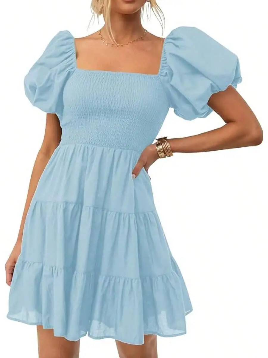 

Women Boho Summer Square Neck Puff Sleeve Smocked Tiered A-Line Casual Dress