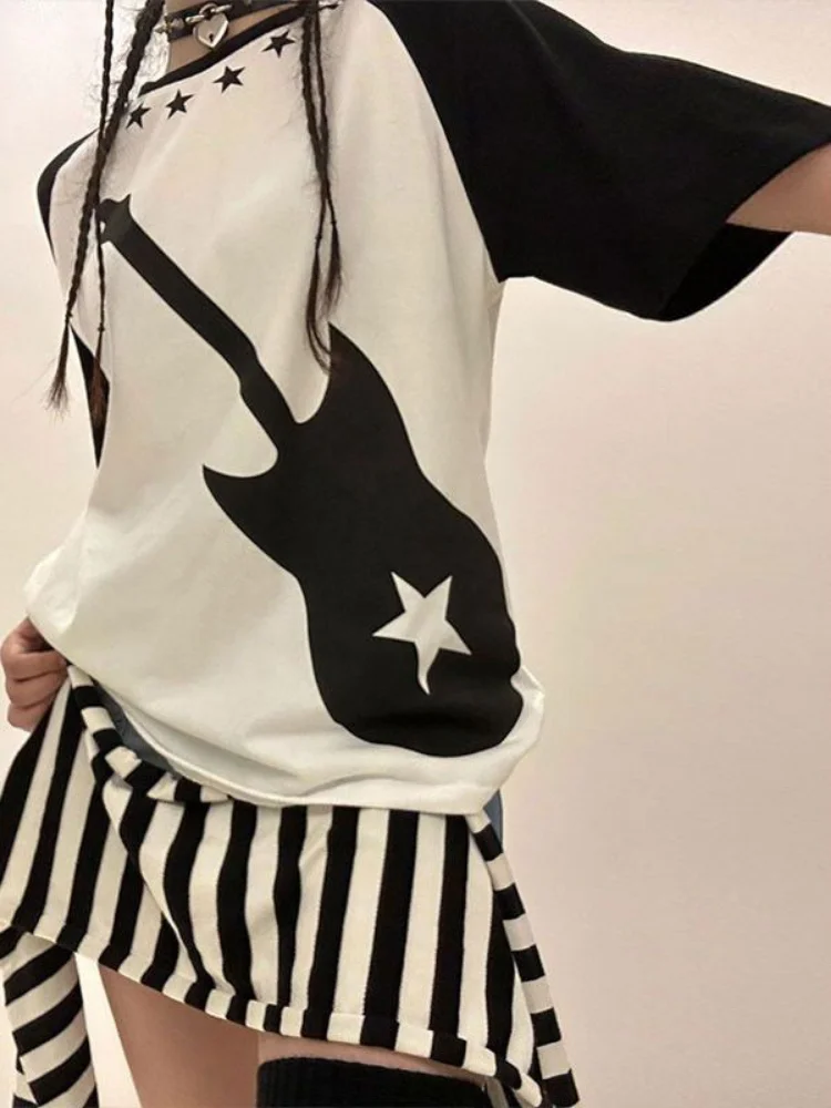 2024 Harajuku Printed Patchwork T Shirt Grunge Women Korean Fashion O Neck  Loose Tops New Y2k Aesthetic Short Sleeve Tee