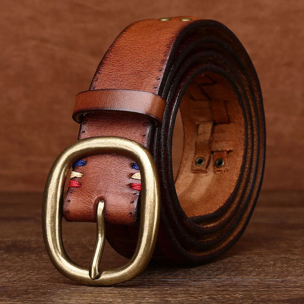 Handmade vintage woven belt men's needle buckle personality fashion first layer cowhide leather copper buckle belt