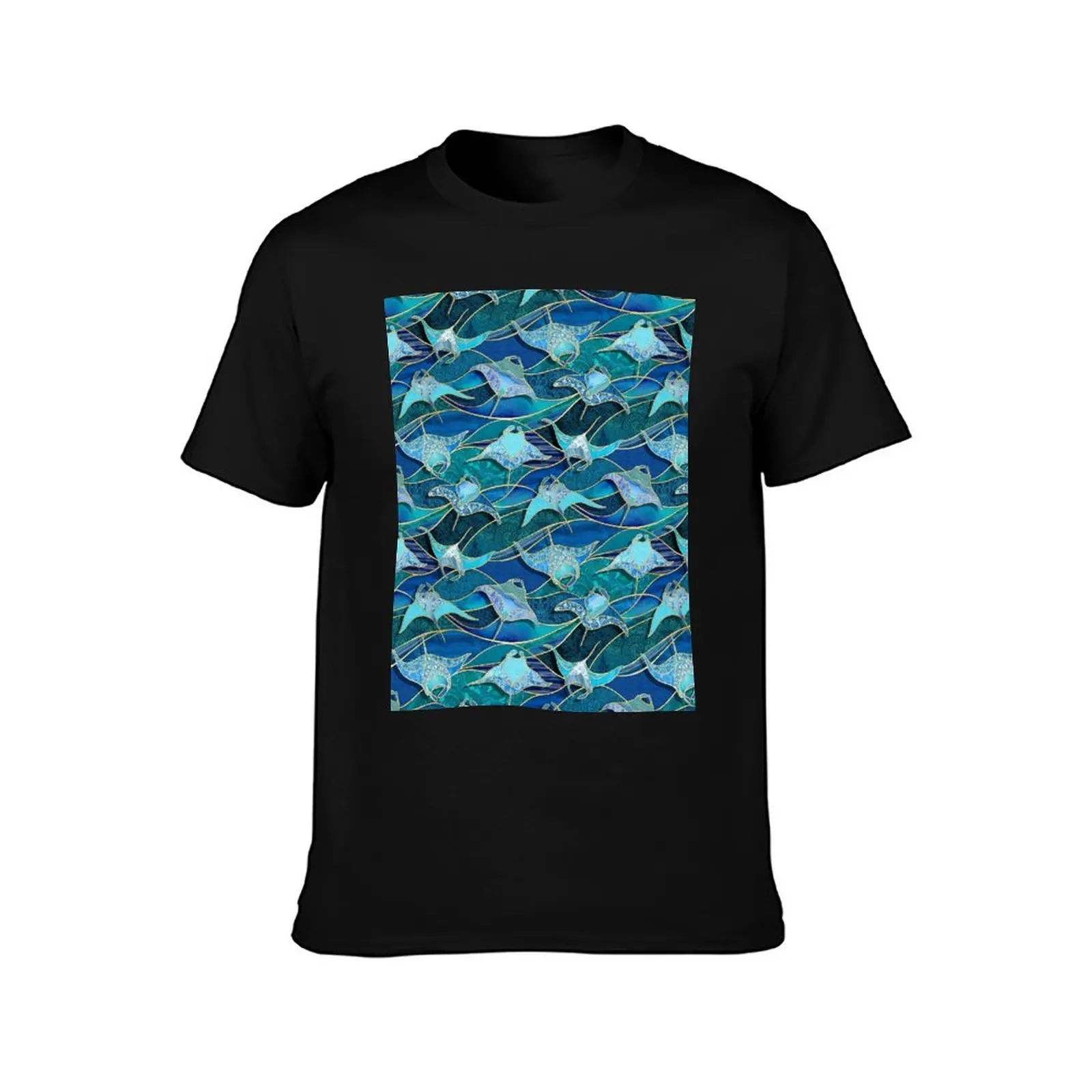 Patchwork Manta Rays in Sapphire and Turquoise Blue T-Shirt Stain Resistant Casual Tee