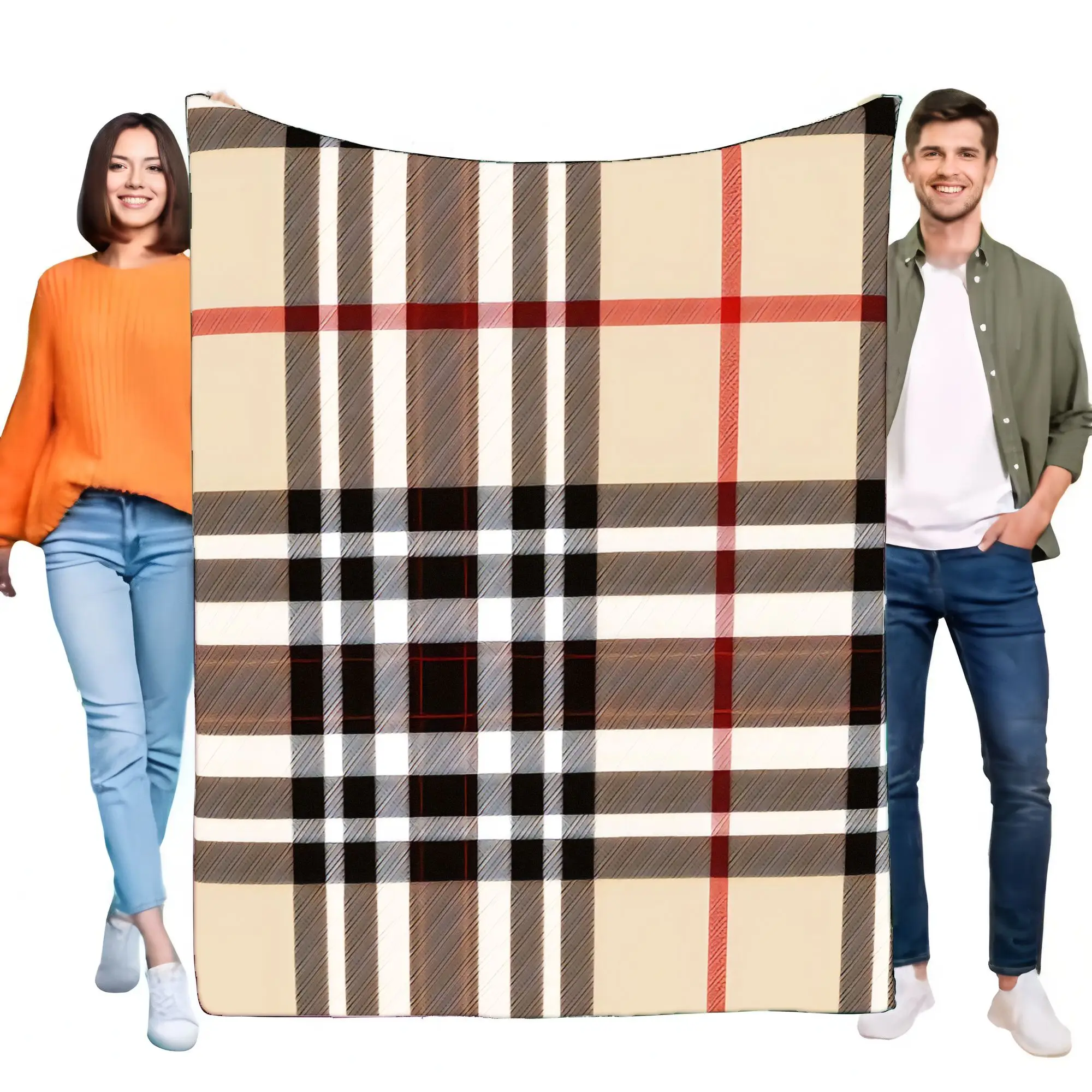 Classic Plaid Blanket with Beige Base, Striking Brown and Red Checkered Design, Perfect for Home Decor, Outdoor Picnics or Cozy