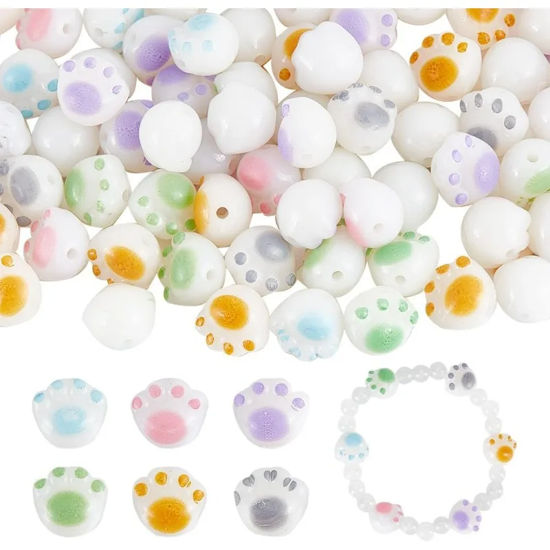 84Pcs Cat Paw Beads Paw Print Acrylic Beads Footprint Pendants with Hole Cat Paw Claw Print Footprint Charms for Jewelry