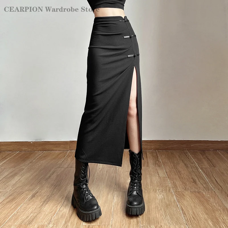 Black Sexy Split Slim Skirt Casual High Street Fashion Clothing Outing Cool Mature Vitality Personality Trend Basic Women Skirts