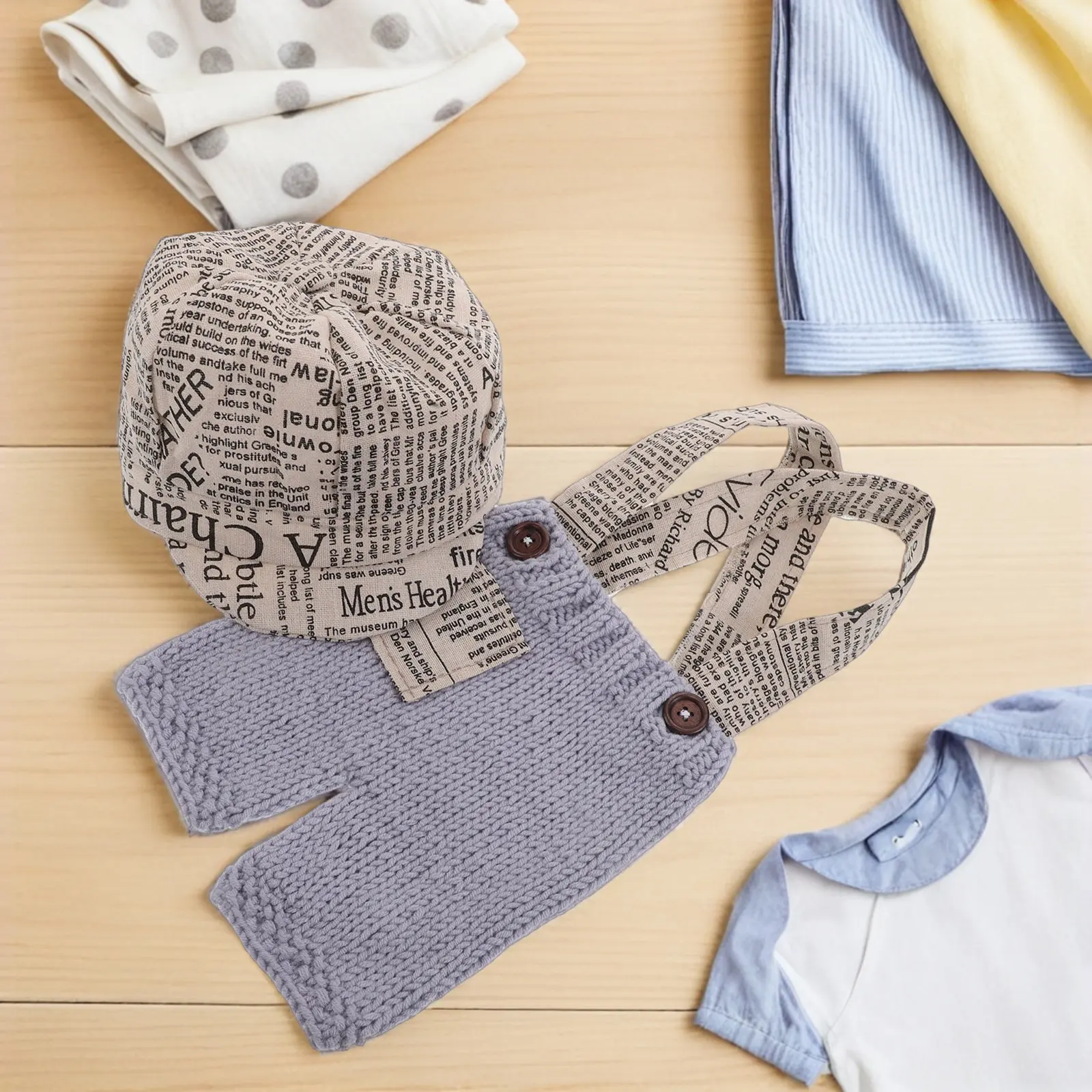 1Set Newborn Photography Costumes Boy Newspaper Print Outfit Infant Gentleman Romper Suspenders Hat Faderesistant Colors Studio