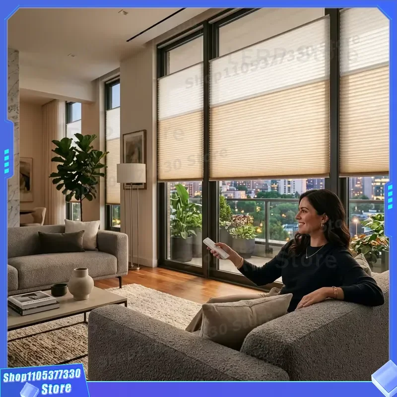 Modern Electric Roller Blinds Double Layer Polyester Fabric UV Protection Sunshade with Remote Control Intelligent Vertical