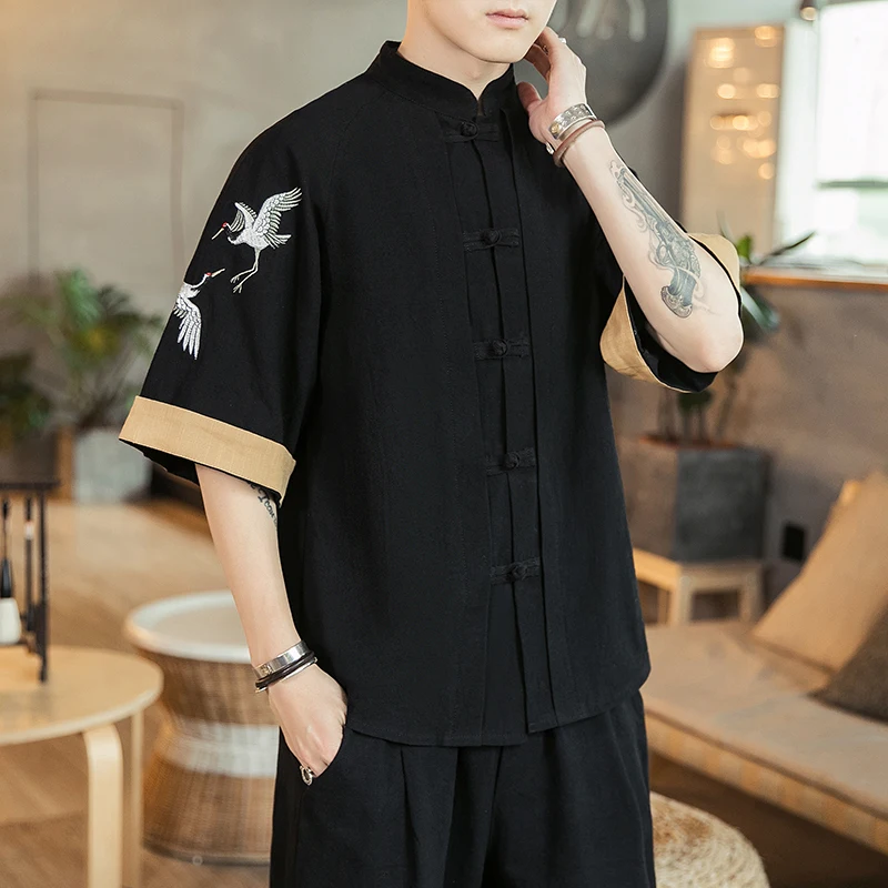 Men Shirts Kungfu Tai Chi Casual Short Sleeve Embroidered Crane Chinese Style Retro Linen Cardigan Tang Suit Mens Breathable Top