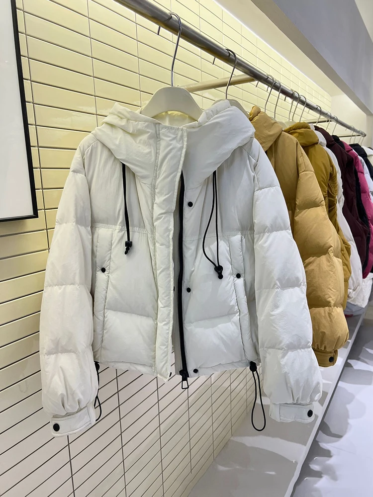 겨울 숏 후드 드로스트링 다운 재킷 여성 화이트 덕다운 루즈핏 파카 다운 재킷 여성 솔리드 지퍼 따뜻한 브레드 아우터