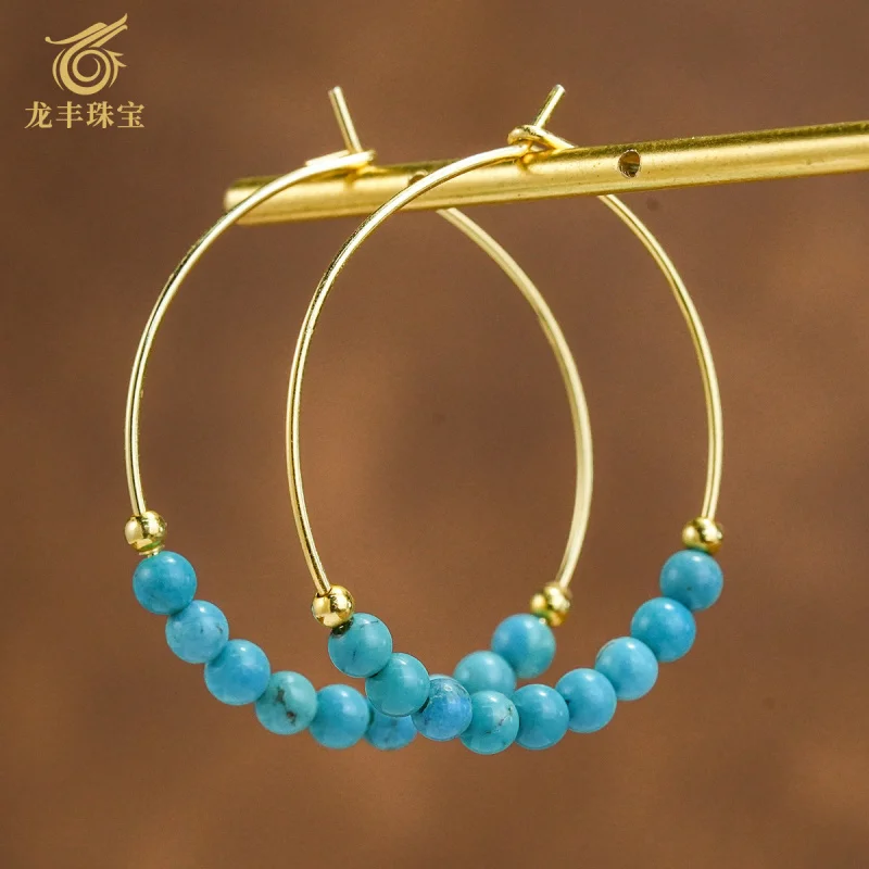 

Turquoise S925 Silver Plated 18K Gold Natural Turquoise Round Bead Earrings Women's Earrings