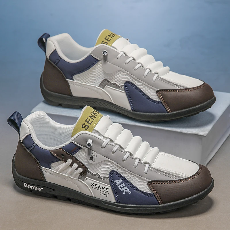 2026 Summer New Retro Men Sneaker Breathable Mesh Leather Slip On Casual Shoes Non-Slip Outdoor Walking Running Sport Trainers