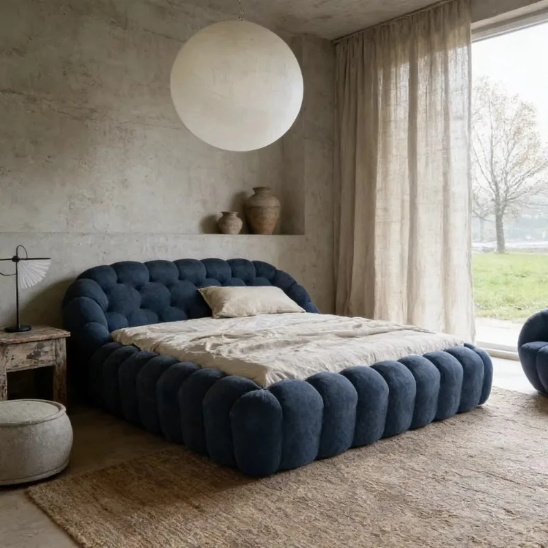 Modern Unique Design Bubble Upholstered Bed French King Size Luxury Fabric Bed With Wood Frame for 5 Star Hotel & Master Bedroom