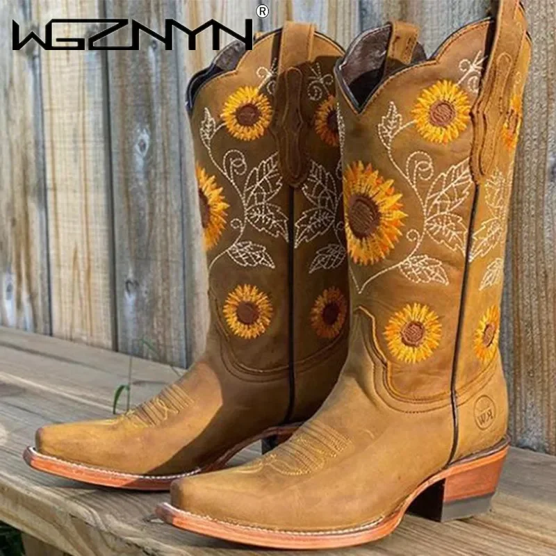 Botas bordadas de color marrón café para mujer, Botas de vaquero del oeste con estampado de cuero PU, Botas informales clásicas con boca en V profunda y tubo alto