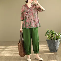 2 Piece Sets Women Casual Pant Suits New Arrival 2024 Summer Chinese Style Vintage Print Loose Female Tops And Harem Pants B3815