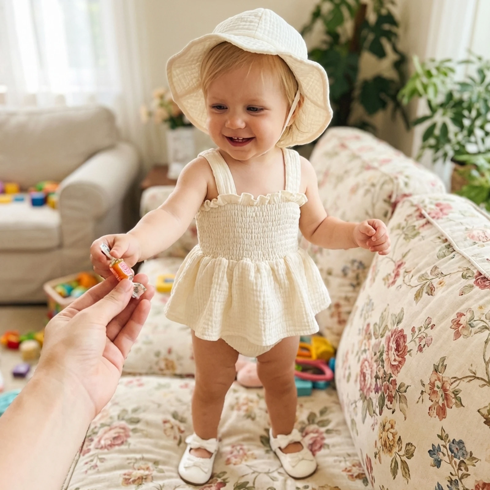 2pcs Infant Baby Girls Summer Outfits Princess Cute Sleeveless Square Neck Solid Color Smocked Ruched Romper Dress and Hats