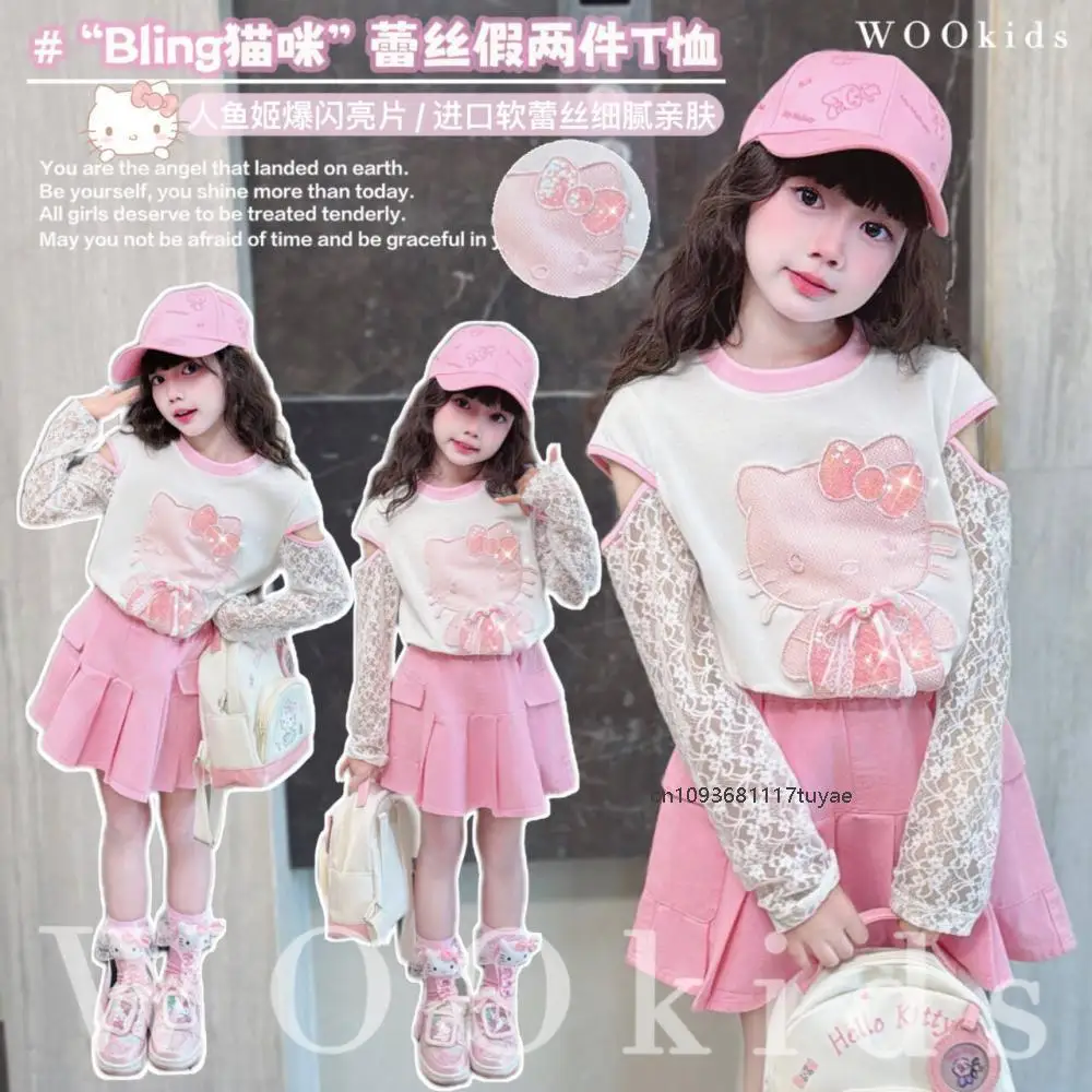 

Kawaii Hello Kitty Anime Girl's T-Shirt Pleated Skirt Dress Sanrios Cute Kuromi Korean Summer Fashion Sweet Fashion Casual Wear
