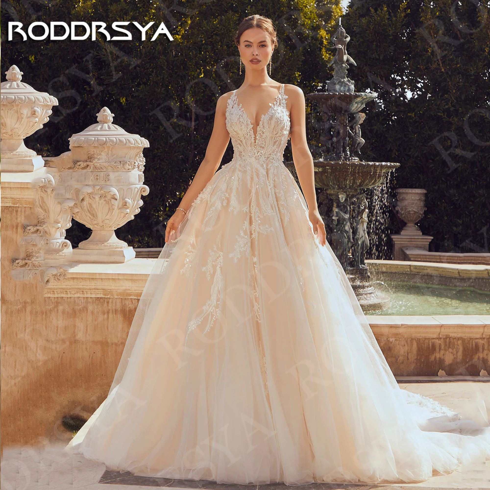 RODDRSYA-Robe de Mariée de Luxe en Dentelle et Tulle pour Femme Coupe Trapèze Dos Icide Patients Col en Fibres V Personnalisée 2025 Robes de mariée de luxe 2025 a - type dentelle fantôme dos tulle robe de mariée sans m