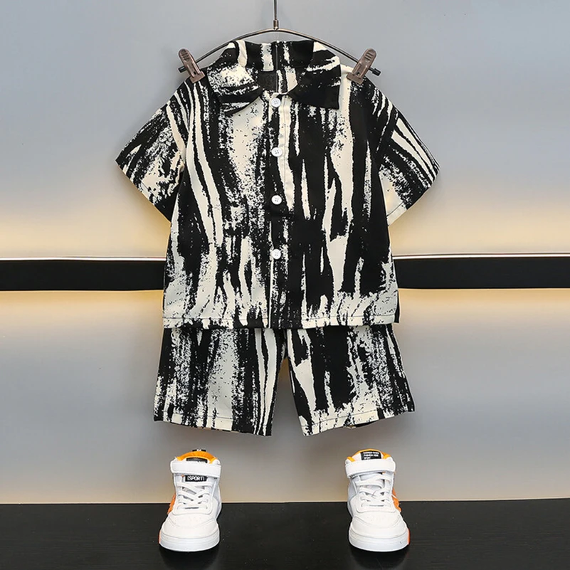 2 pieces/new boys fashion watercolor ink stripe print casual vacation shirt black and white stripe shorts set, 2-8 years old