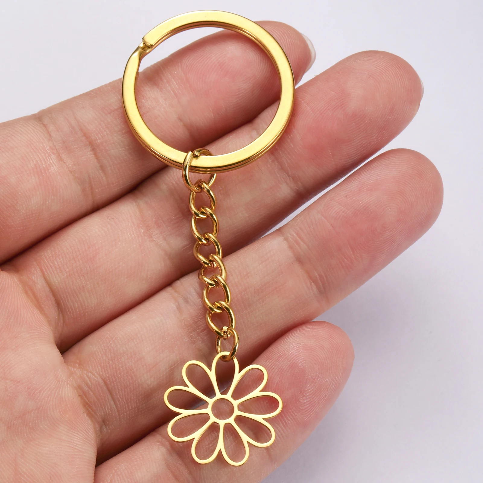 Kkjoy Fashion Stainless Steel Hollow Solid Nine petal Flower Pendant Keychain For Women Couple Birthday Jewelry Gift For Girl