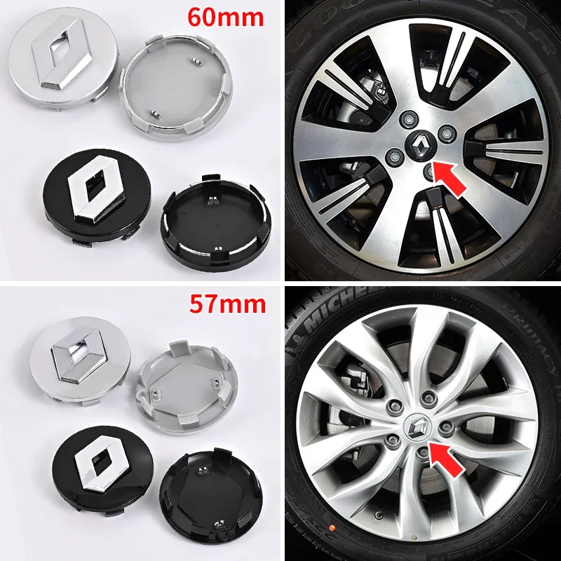 4PCS 57mm 60mm Car Wheel Center Cap Logo Hub Badge Rims Cover For Renault Megane 2 3 Clio 4 5 Trafic Captur Emblems Kangoo Zoe