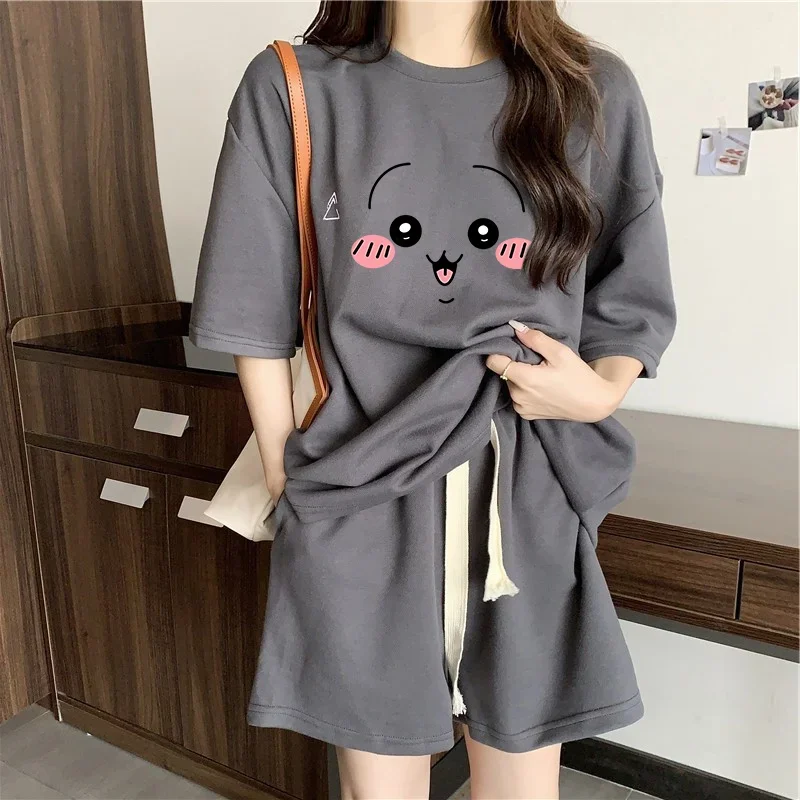 Футболка с милым мультяшным принтом, повседневные шорты с коротким рукавом, Повседневная Свободная одежда, модная Корейская версия, Топ