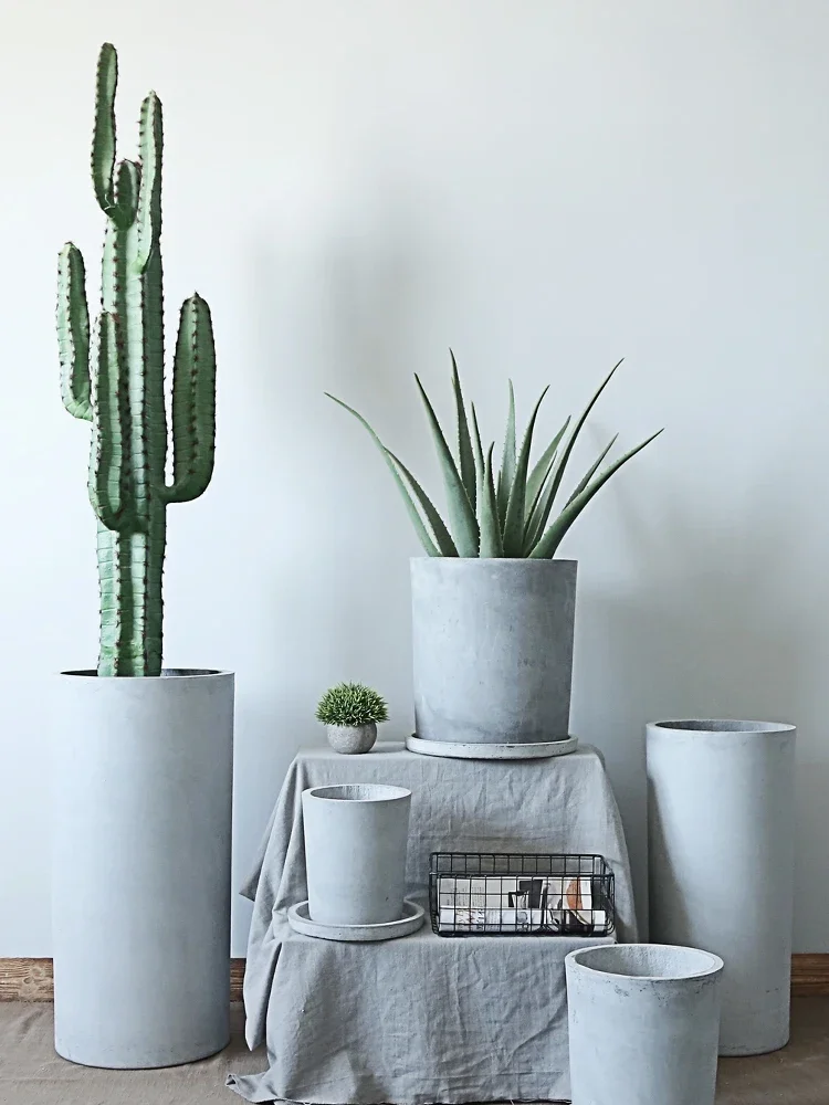 Cylindrical Cement Flowerpot Oversized Plant Pot