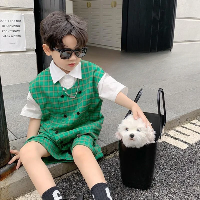 Boys' Suit Vest Jacket Shorts White Shirt 3-piece Sets Summer Handsome Korea Fashion Children's Runway Show Plaid Suits