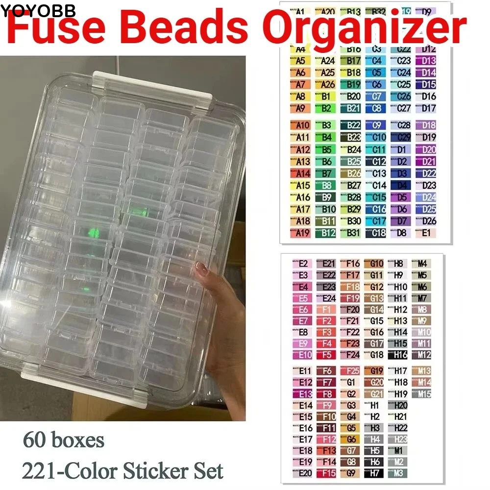 

Large Capacity Fuse Beads Organizer 60 Small Boxes with Cover Bean Storage Box 221/303 Color Labels Multi-functional