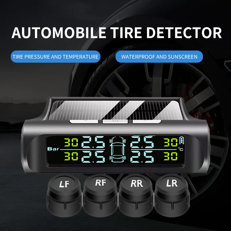 TPMS Solar Tire Pressure Monitor Car Tire Pressure Sensor Monitoring System with 4 Wheel Sensors TMPS Temperature Warning