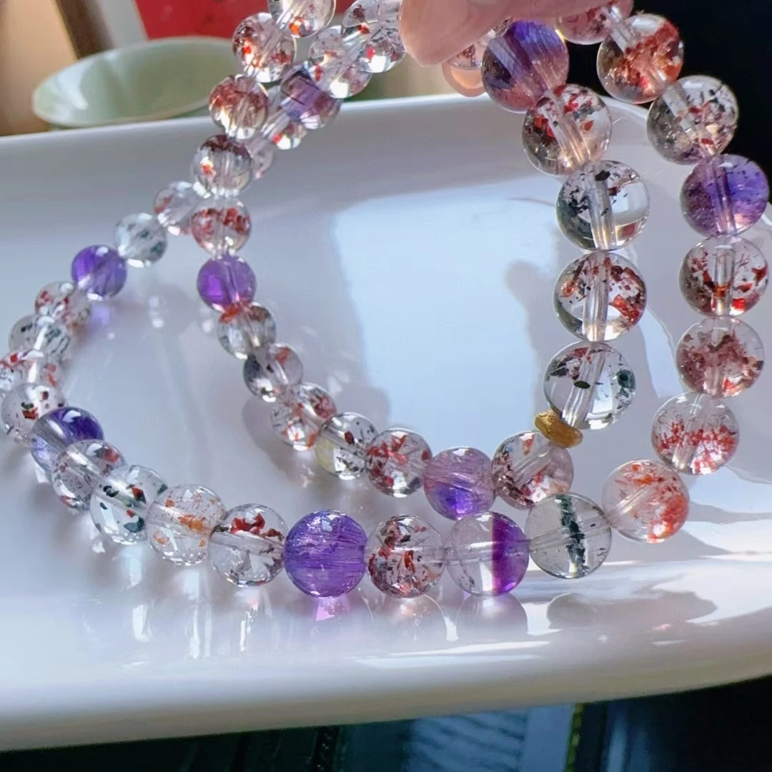 

Natural Colorful Super Seven 7 Lepidocrocite Quartz Bracelet 7.2mm 2 Laps Clear Round Beads 14.3mm Women Men AAAAAAA