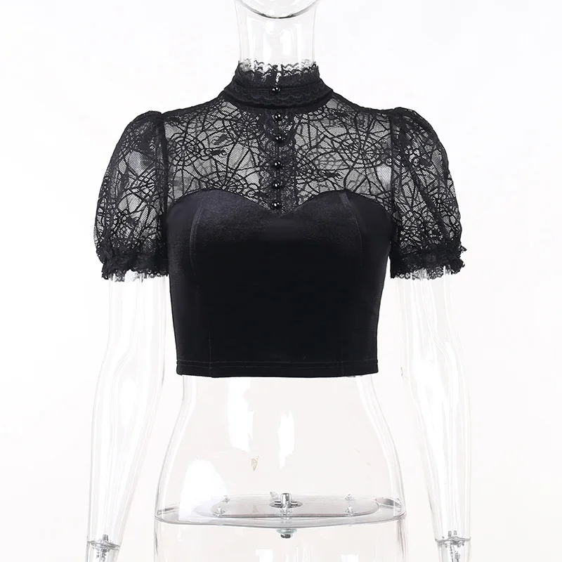 Summer new dark trend hot sexy slimming lace see through spiderweb Gothic Clothing Goth Crop Tops T Shirt For Women CF23024AH