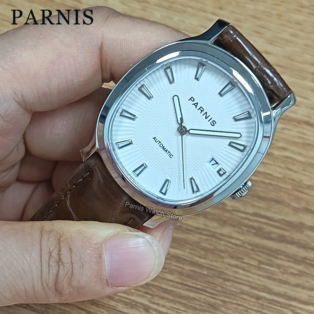 Parnis 36mm 5ATM Stainless Steel Wristwatch Sapphire Glass Automatic White Dial Luminous Marks Men Watch