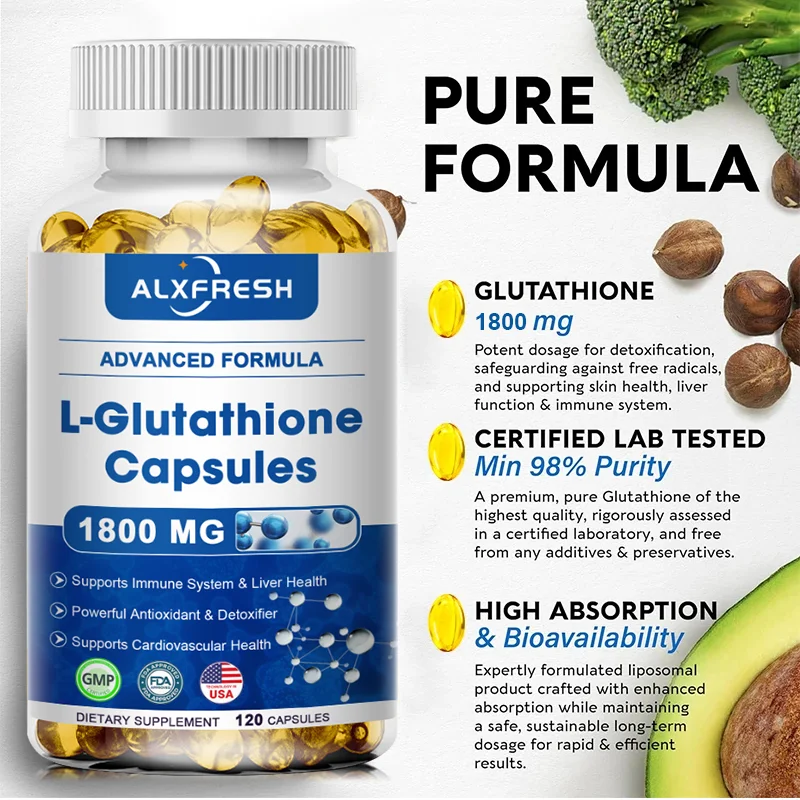 Alxfresh L-Glutathione 1800mg | L-Glutathione Reduced Supplement | Non-GMO & Gluten Free Vegan Kosher |120/60 Caps 60/30 Serving