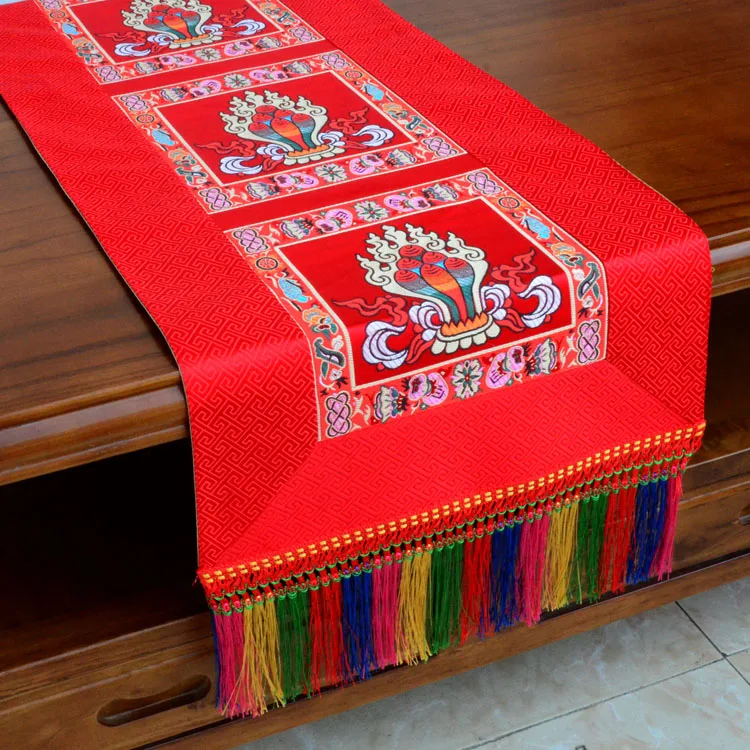 

Wholesale Buddhist supply Tibet family home Buddhism Temple Auspicious Embroidery Altar Long flag Table cloth cover Deco