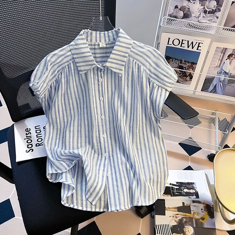 Slimming Stripe Shirt Women's Summer Thin  Collar Small Flying Sleeve Fashionable Commute Style Short Sleeve High Waist